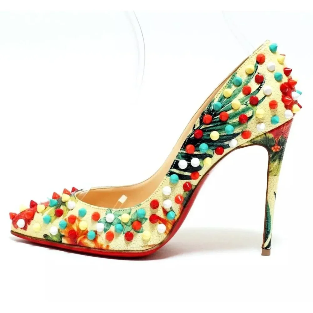 Christian Louboutin HAWAII SPIKE FOLLIES Pumps Multicolor Floral Heels Size 36.5 - Picture 1 of 7